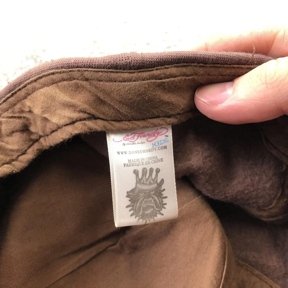 Ed Hardy Hat Cap Fitted Boys Brown Twill Embroidered Dog Tattoo Youth Y2K